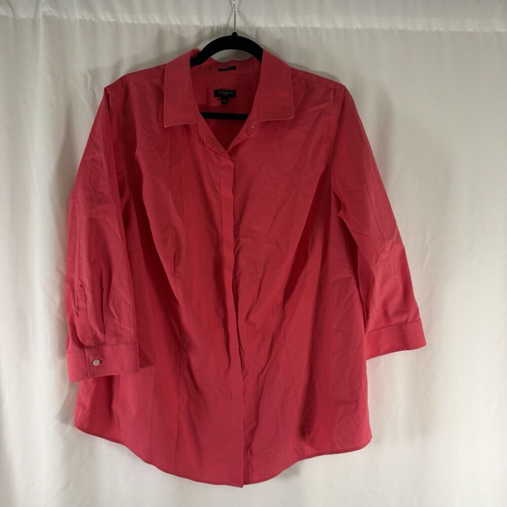 Talbots Blouse Women's 16W Hot Pink 3/4 Sleeve Button Up Collared Wrinkle Resist